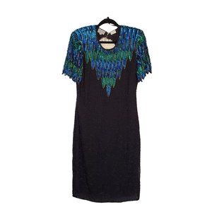 VINTAGE 80s Stenay Silk Beaded Peacock Cocktail Dress Women's 10